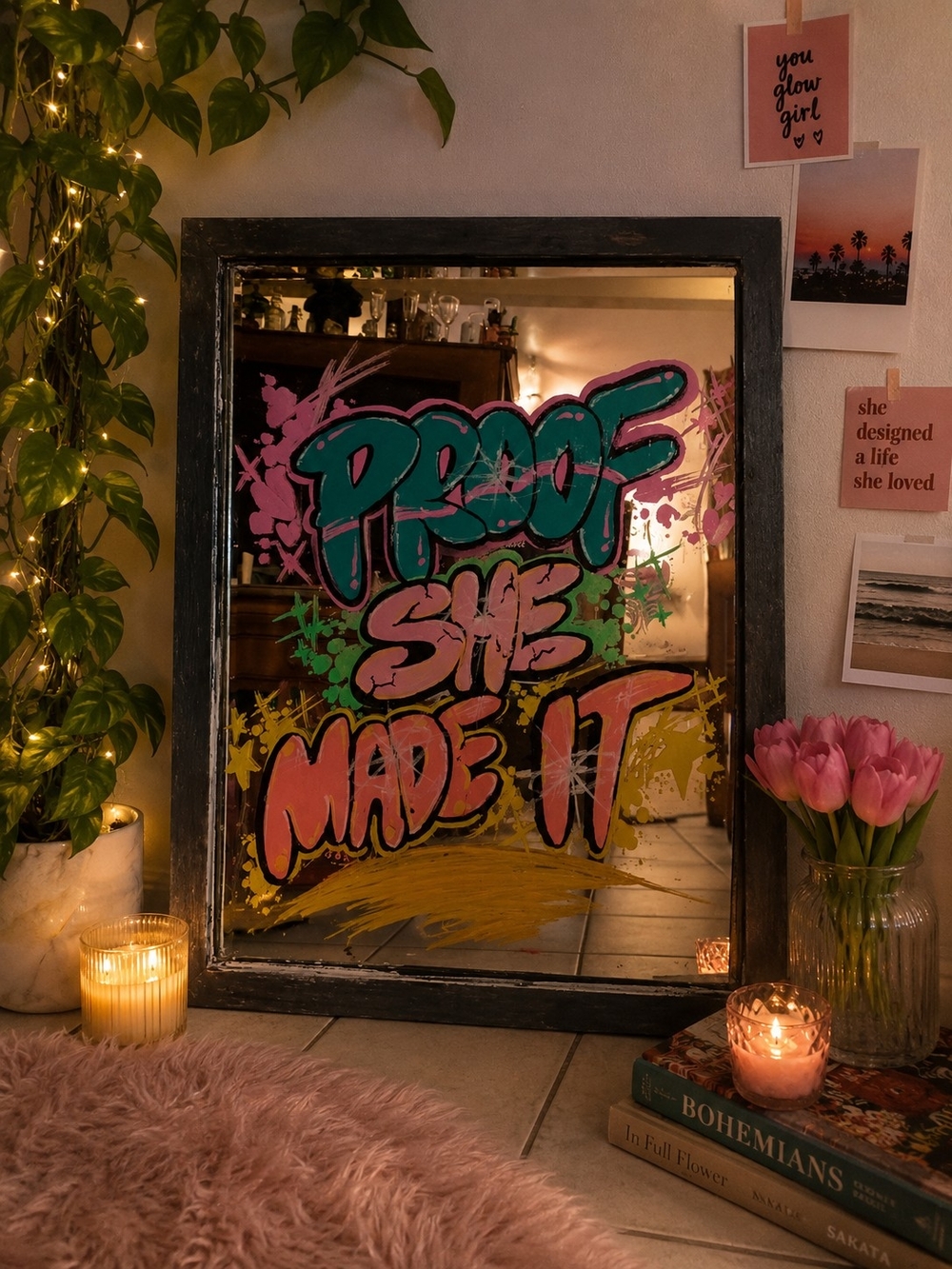 Graffiti Mirror Wall Art - Pink, Teal & Yellow